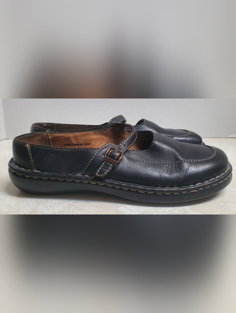 Born Black Leather Mary Jane Loafers with Contrast Stitching